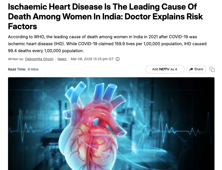 Ischaemic Heart Disease Is The Leading Cause Of Death Among Women In India: Doctor Explains Risk Factors