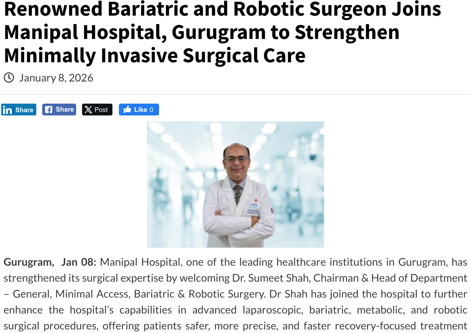 Renowned Bariatric and Robotic Surgeon Joins Manipal Hospital