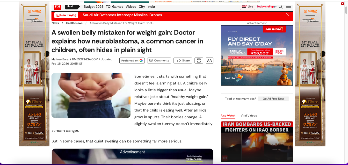 A swollen belly mistaken for weight gain: Doctor explains how neuroblastoma, a common cancer in children, often hides in plain sight