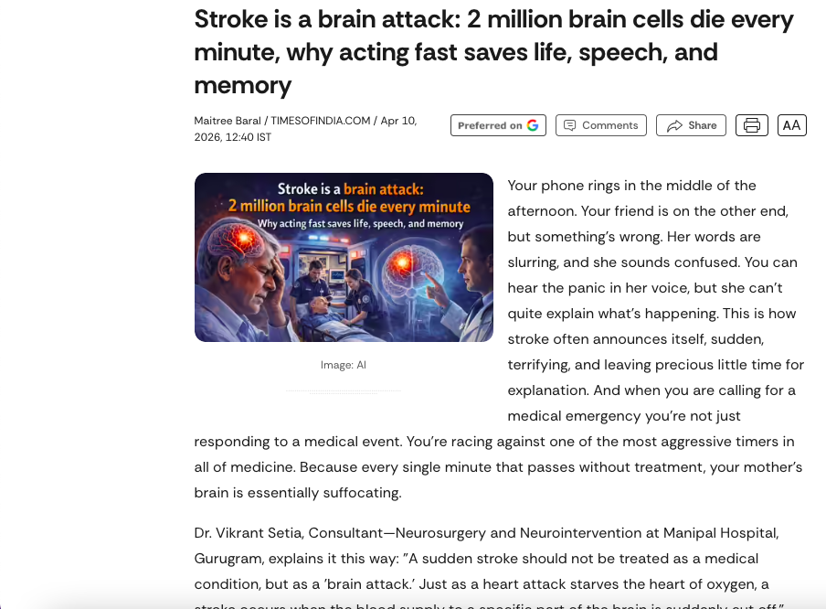 Stroke is a brain attack: 2 million brain cells die every minute, why acting fast saves life, speech, and memory 
