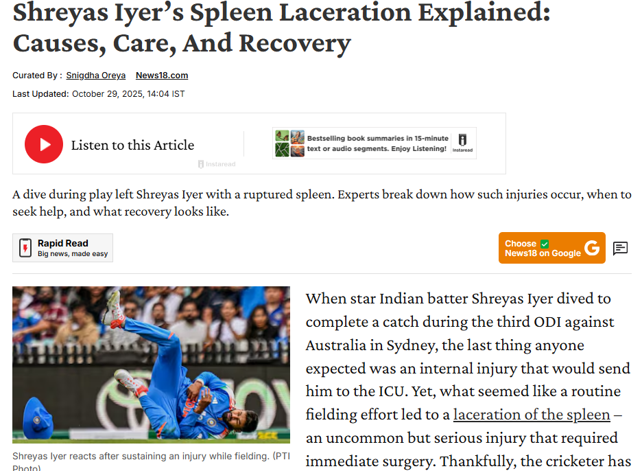 Shreyas Iyer’s Spleen Laceration Explained: Causes, Care, And Recovery