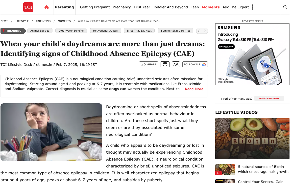Identifying signs of Childhood Absence Epilepsy (CAE)