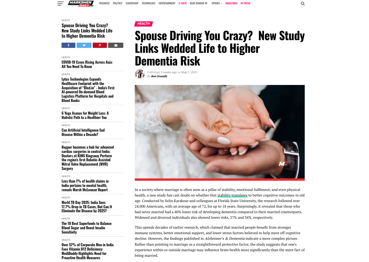 Dr Shivakumar R on New study flips the script: Marriage may raise dementia risk