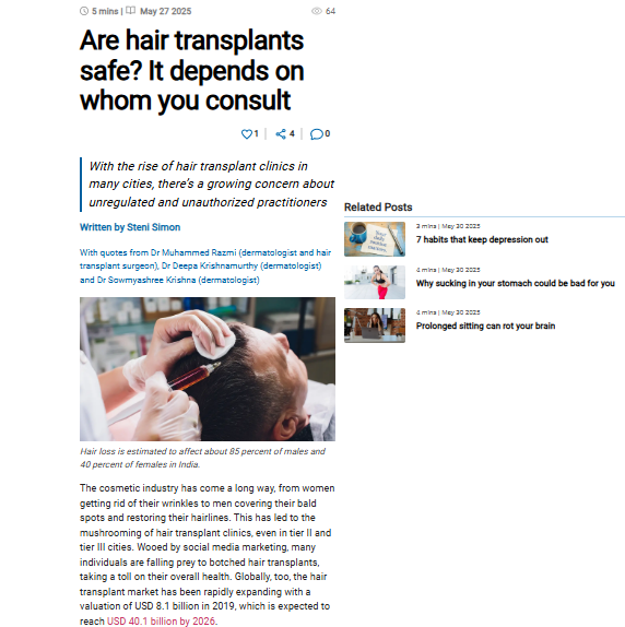  Dr. Deepa Krishnamurthy on Are hair transplants safe? It depends on whom you consult