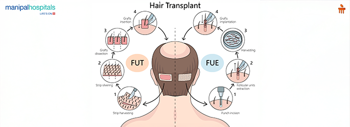 Young man with restored hairline looking in the mirror after hair transplantation