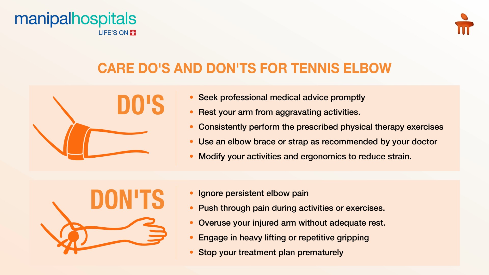 Tennis elbow pain and treatment illustration
