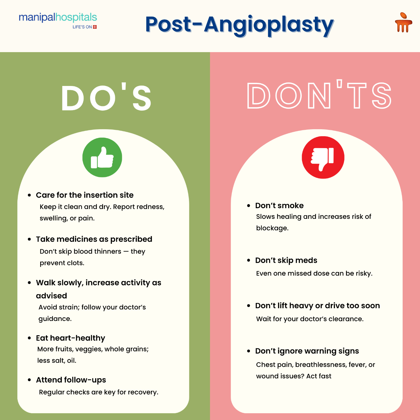 "Infographic showing dos and don’ts after angioplasty, including medication, activity, and diet tips "