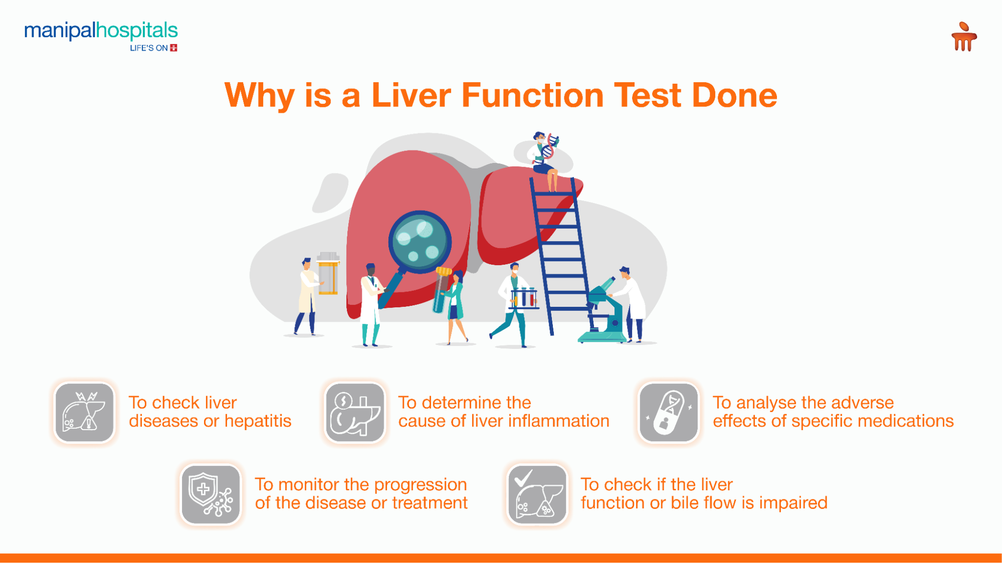 Infographic explaining reasons for conducting liver function tests, including liver diseases, medication effects, and bile flow issues