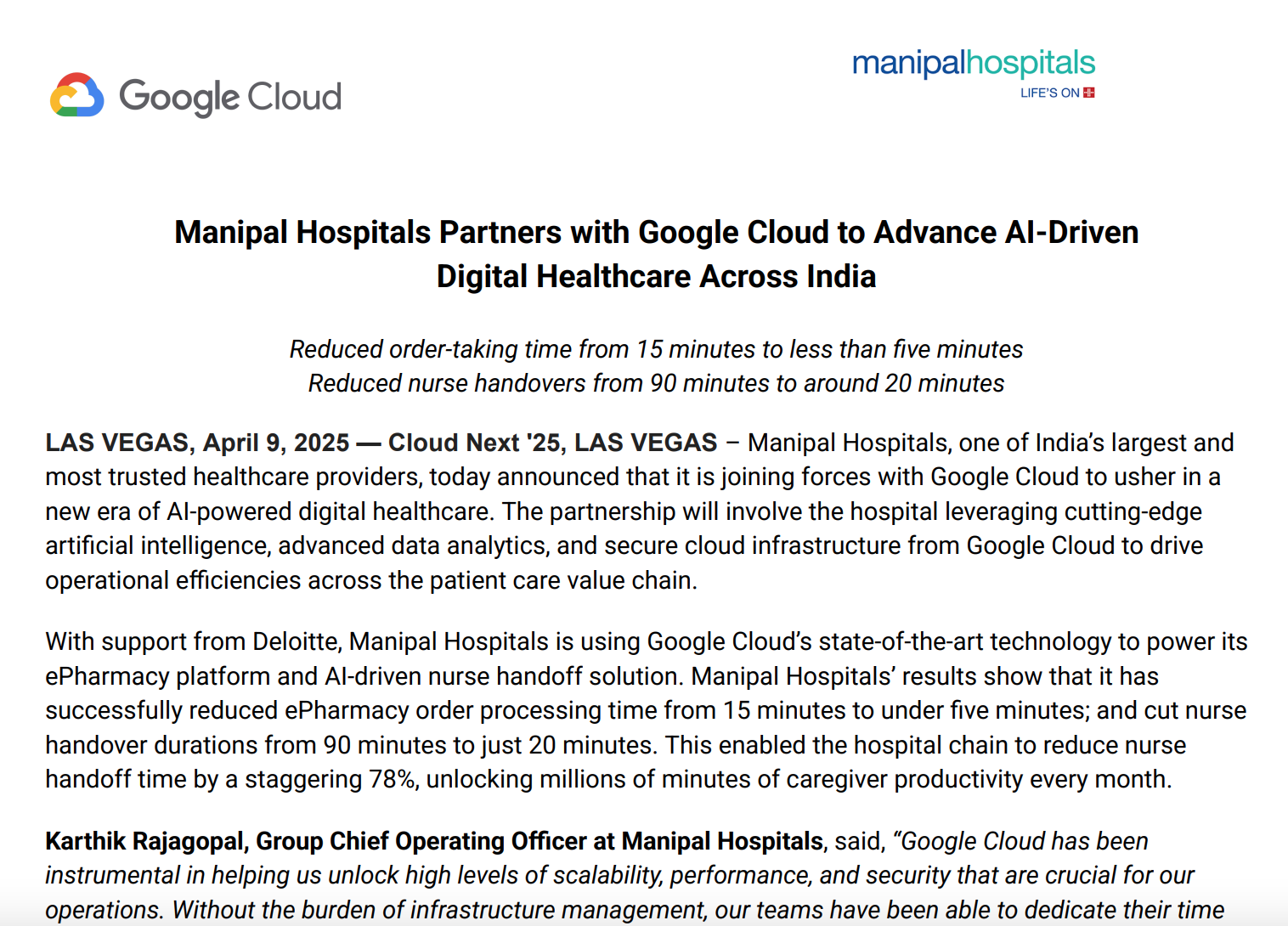 Manipal Hospitals Partners with Google Cloud to Advance AI-Driven Digital Healthcare Across India