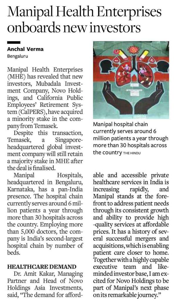Manipal Health Enterprises Welcomes New Investors