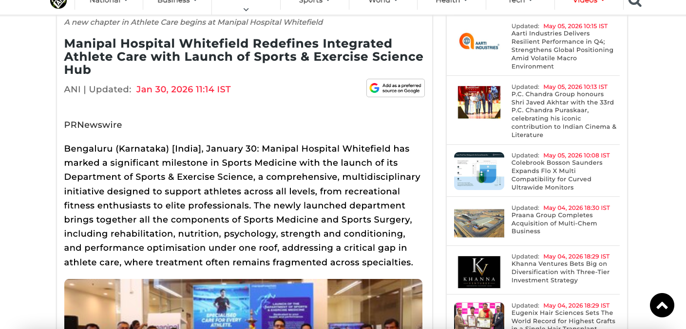 Manipal Hospital Whitefield Redefines Integrated Athlete Care with Launch of Sports & Exercise Science Hub