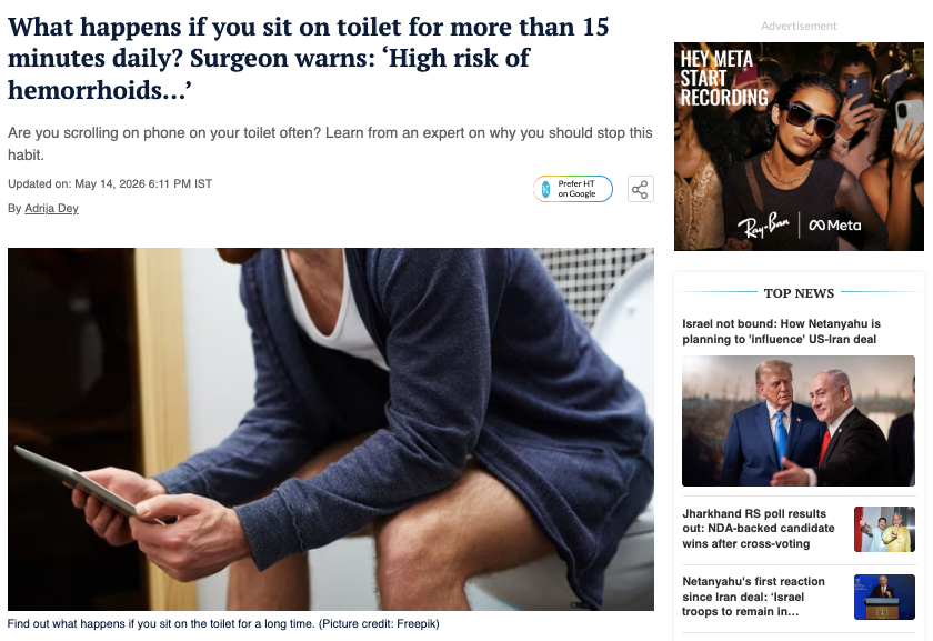 What happens if you sit on toilet for more than 15 minutes daily? Surgeon warns: ‘High risk of hemorrhoids…’