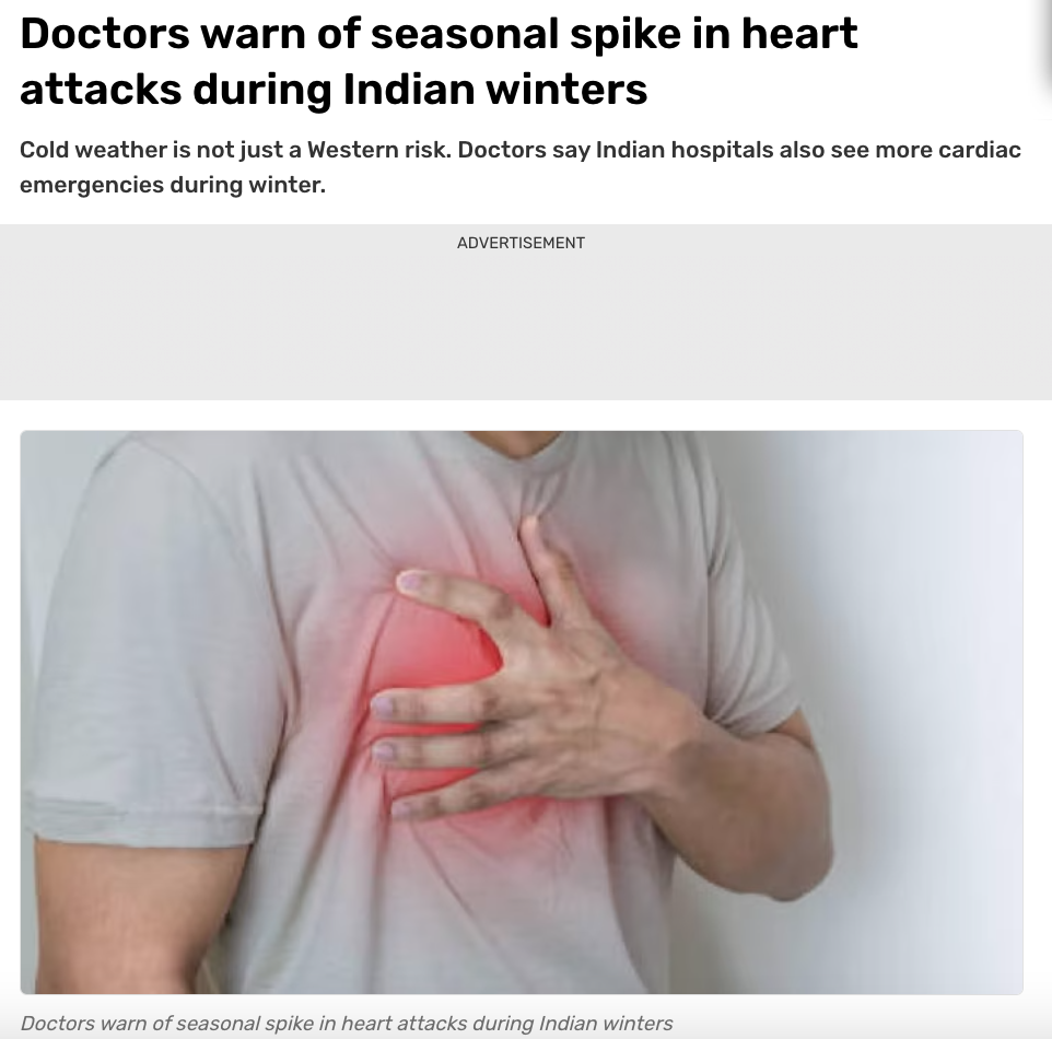 Doctors warn of seasonal spike in heart attacks during Indian winters