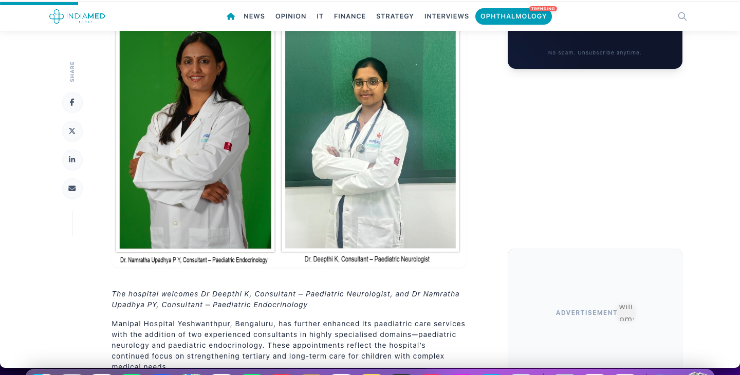 Manipal Hospital Yeshwanthpur announces two key clinical appointments
