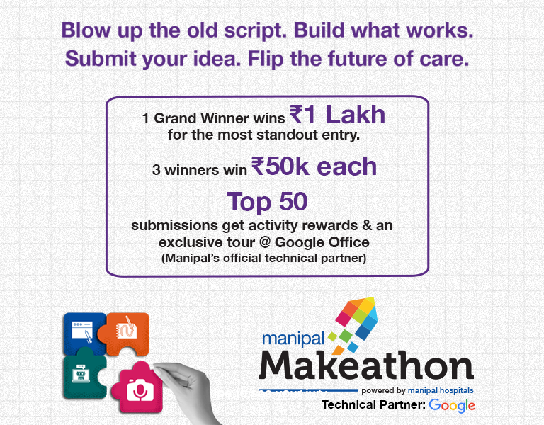 Manipal Makeathon banner showing prize details and Google partnership